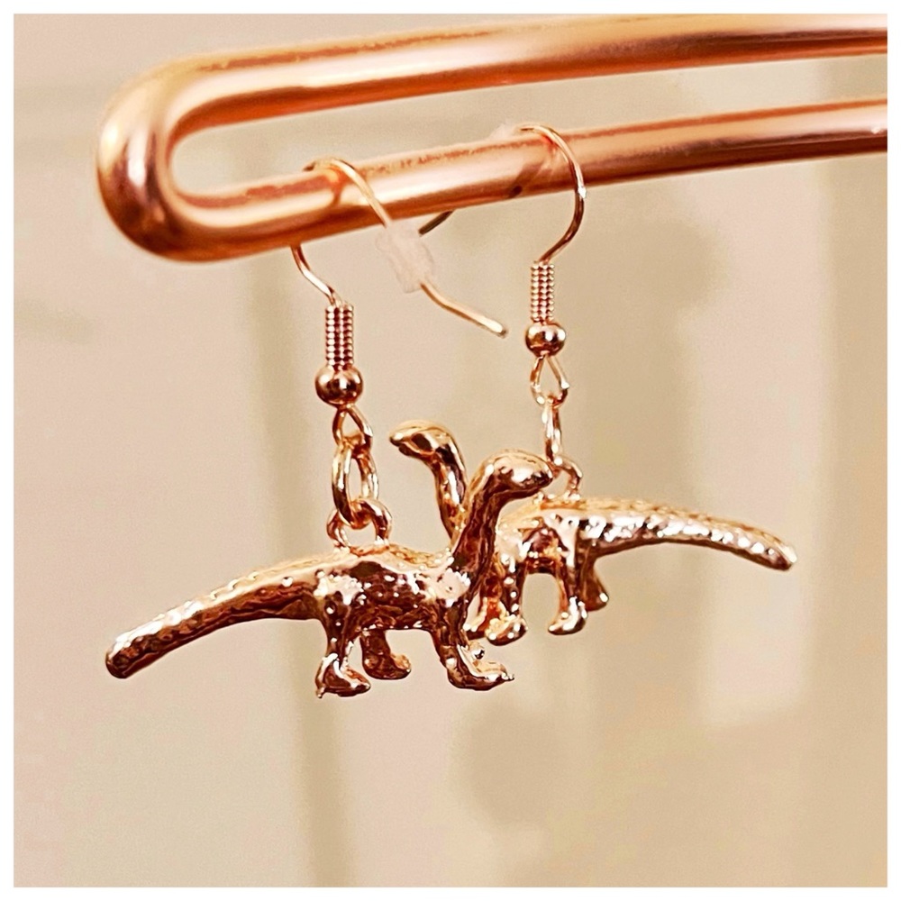 Hand Made Dinosaur Metallic Shiny Dangle Earrings in 14 Kt Rose Gold Plated
